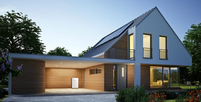 Solar Batteries And Solar Panels On The Roof Of A Modern Home